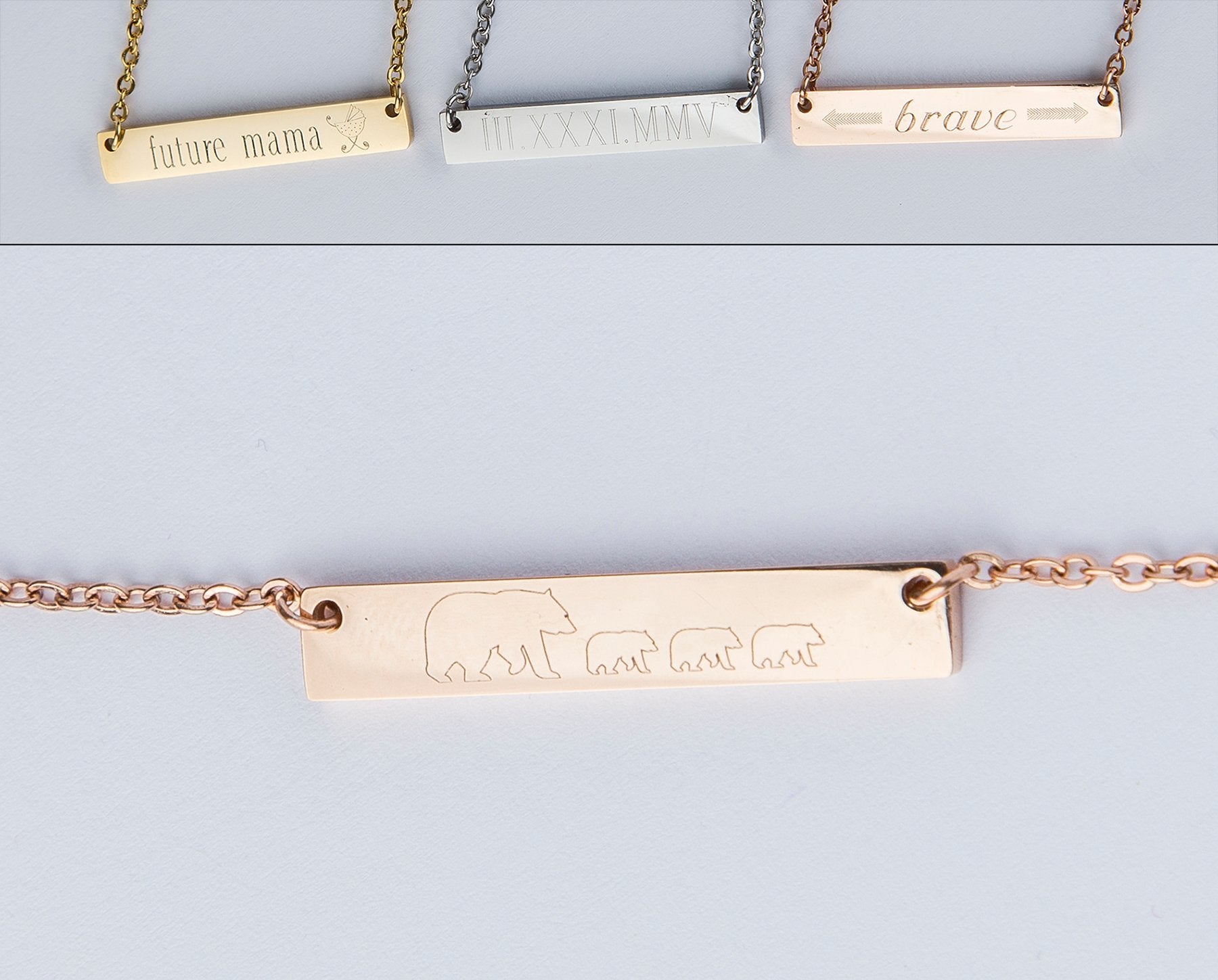 Personalized Mama Bear Bar Necklace - Engraved Pendant for Mom and Baby Gift in Rose Gold - Jewelry & Watches - Bijou Her -  -  - 