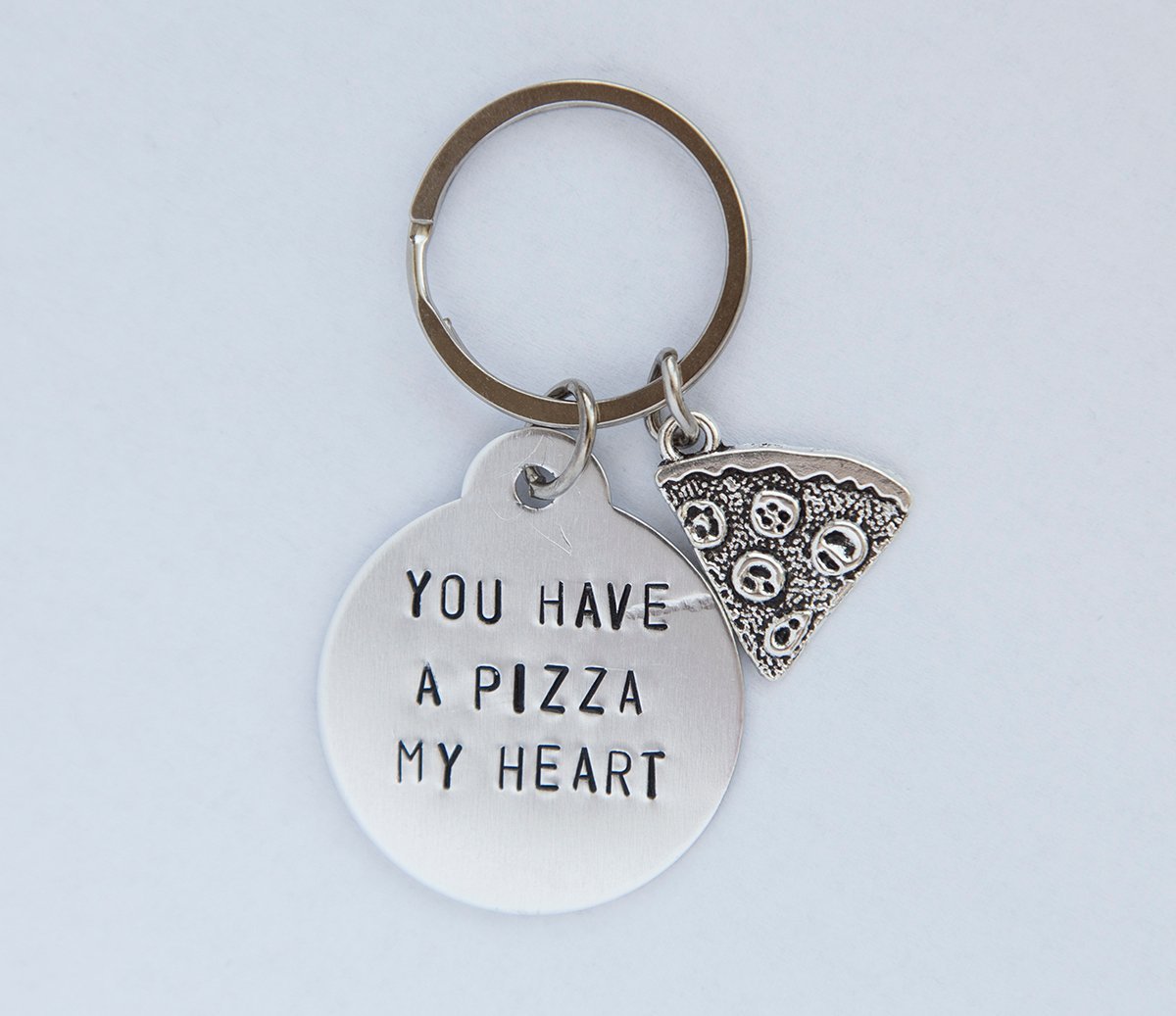 Stamped Pizza My Heart Keychain - Handmade Stainless Steel Charm Tag - Personalized Requests Available - Fast Shipping - 4-20 Day Delivery - Jewelry & Watches - Bijou Her -  -  - 