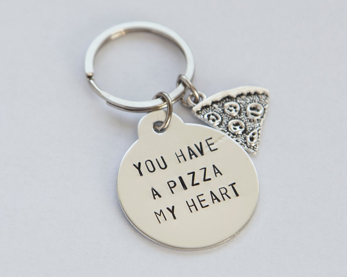 Stamped Pizza My Heart Keychain - Handmade Stainless Steel Charm Tag - Personalized Requests Available - Fast Shipping - 4-20 Day Delivery - Jewelry & Watches - Bijou Her -  -  - 