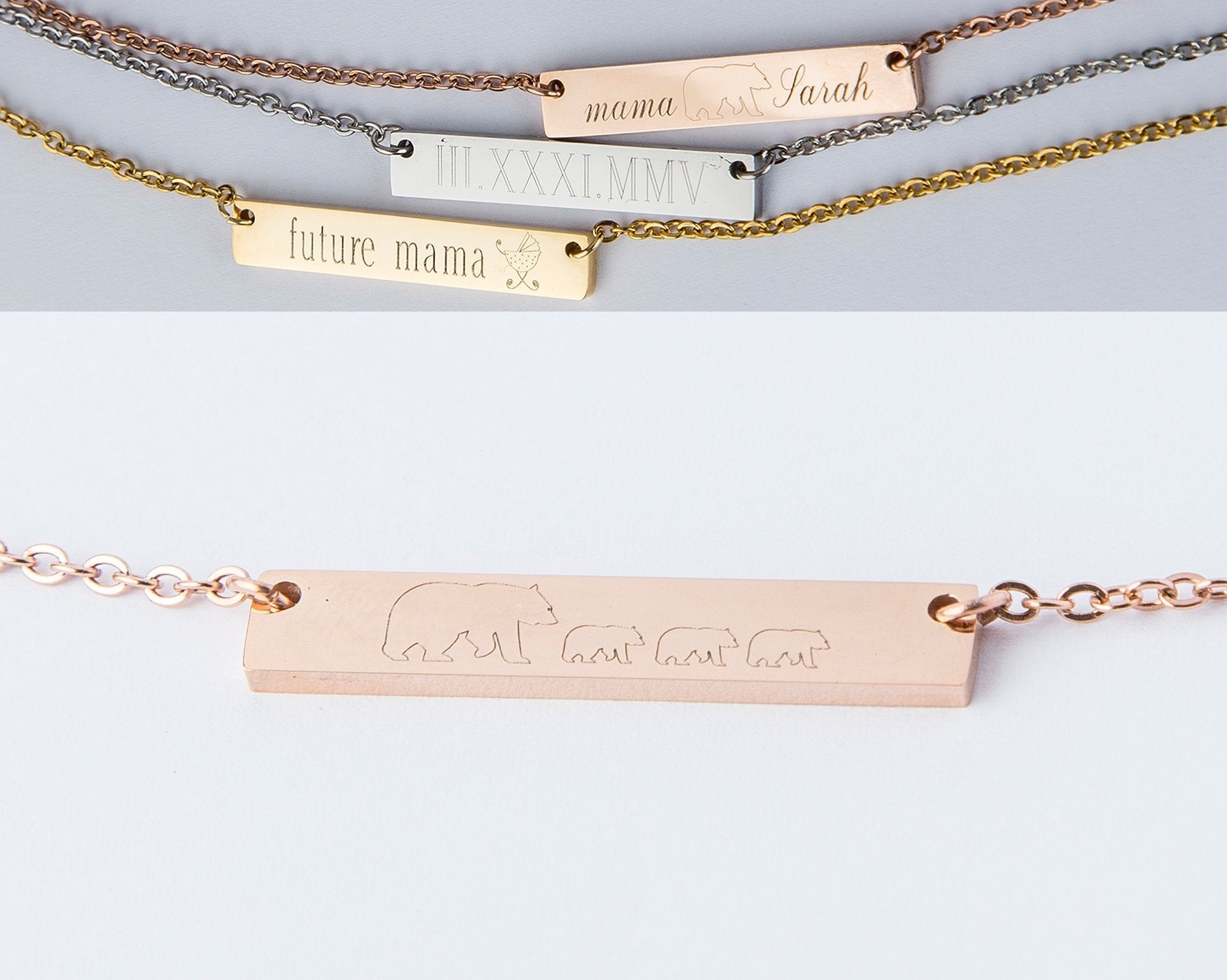 Personalized Mama Bear Bar Necklace - Engraved Pendant for Mom and Baby Gift in Rose Gold - Jewelry & Watches - Bijou Her -  -  - 