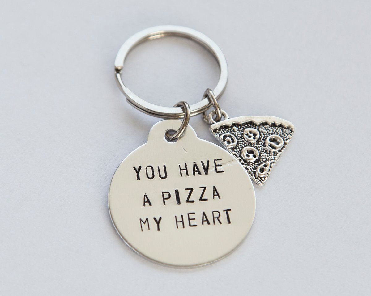 Stamped Pizza My Heart Keychain - Handmade Stainless Steel Charm Tag - Personalized Requests Available - Fast Shipping - 4-20 Day Delivery - Jewelry & Watches - Bijou Her -  -  - 