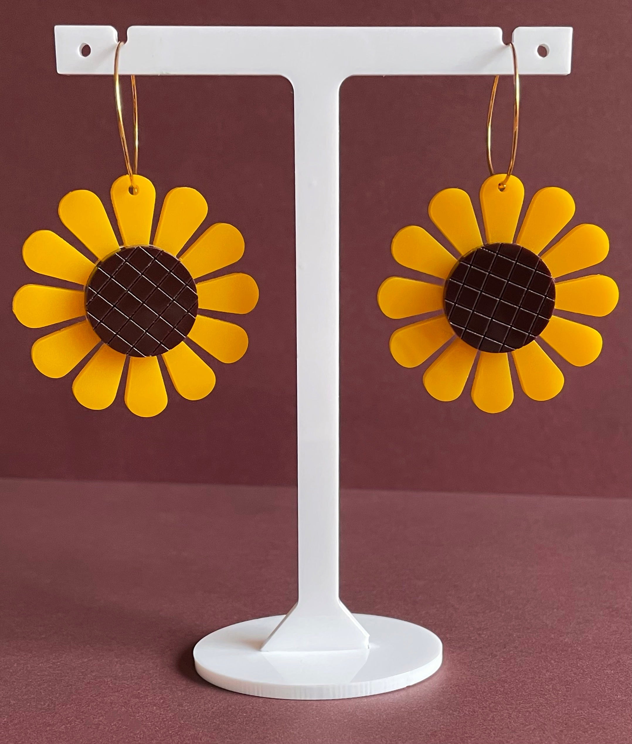 Sunflower Hoop Earrings - Laser Cut Acrylic Jewelry, 6.5cm Height, 4.5cm Width, Nickel/Lead Free Findings - Jewelry & Watches - Bijou Her -  -  - 