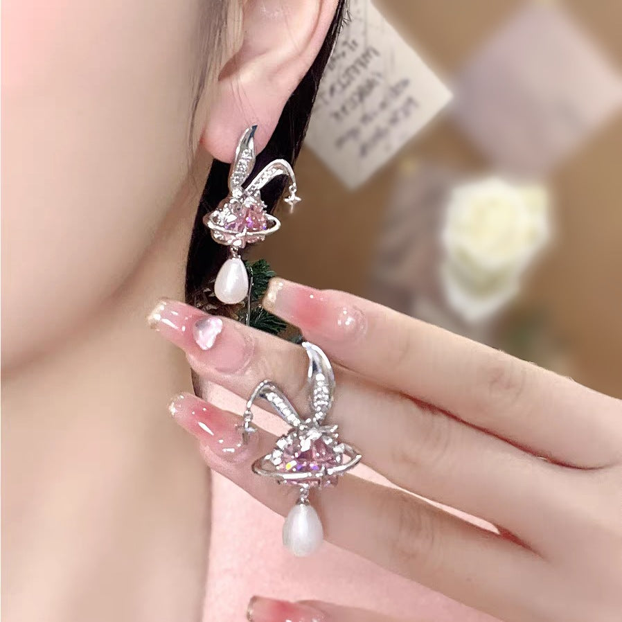 Micro Inlaid Powder Zirconium Rabbit Earrings Women's Light Luxury - 0 - Bijou Her -  -  - 