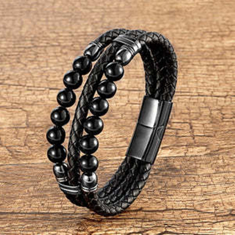 Men's Leather Rope Beaded Bracelet Fashion Three Layers - 0 - Bijou Her -  -  - 
