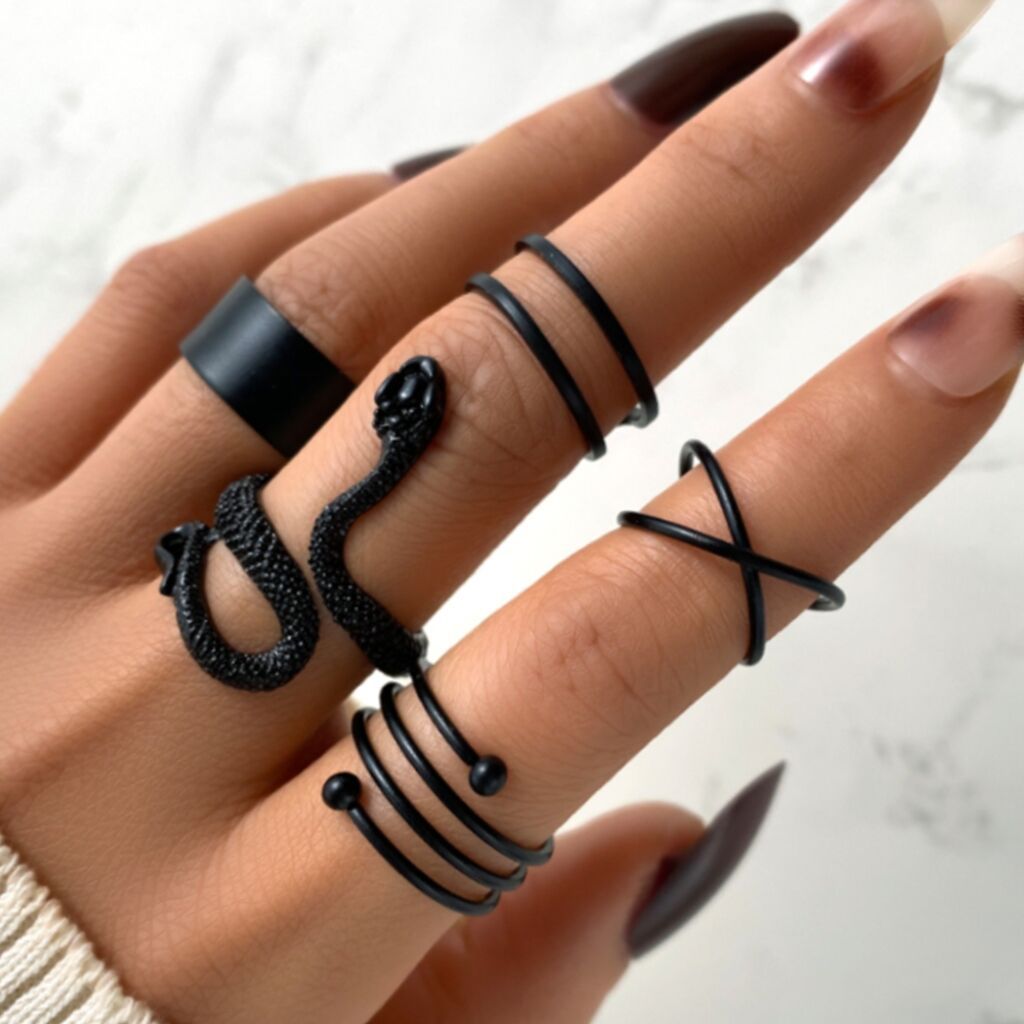 Ring Opening Black Joint Ring Set 5 Piece Set Snake Dark System Ring Interfinger - 0 - Bijou Her -  -  - 