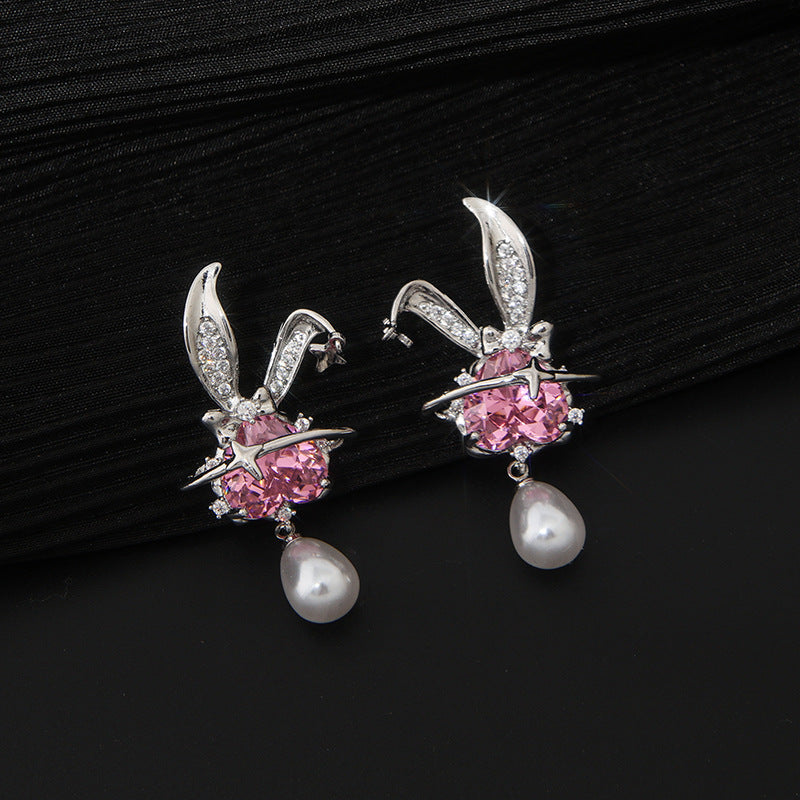 Micro Inlaid Powder Zirconium Rabbit Earrings Women's Light Luxury - 0 - Bijou Her -  -  - 