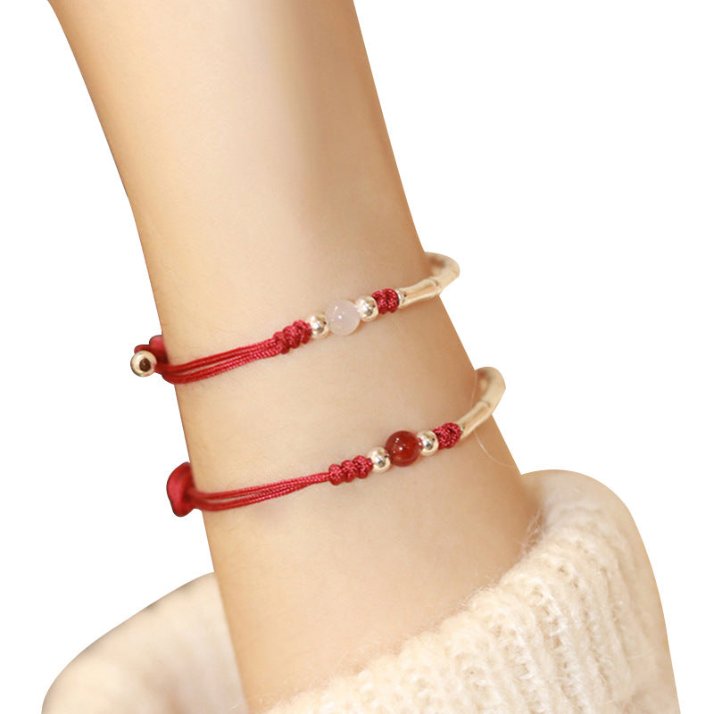 Women's Sterling Silver Bamboo Braided Red Rope Bracelet - 0 - Bijou Her -  -  - 