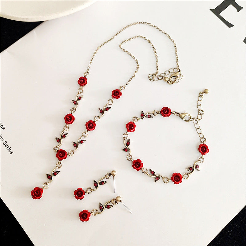 Women's Fashion Vintage Rose Flower Bracelet Necklace Earrings Set - 0 - Bijou Her -  -  - 