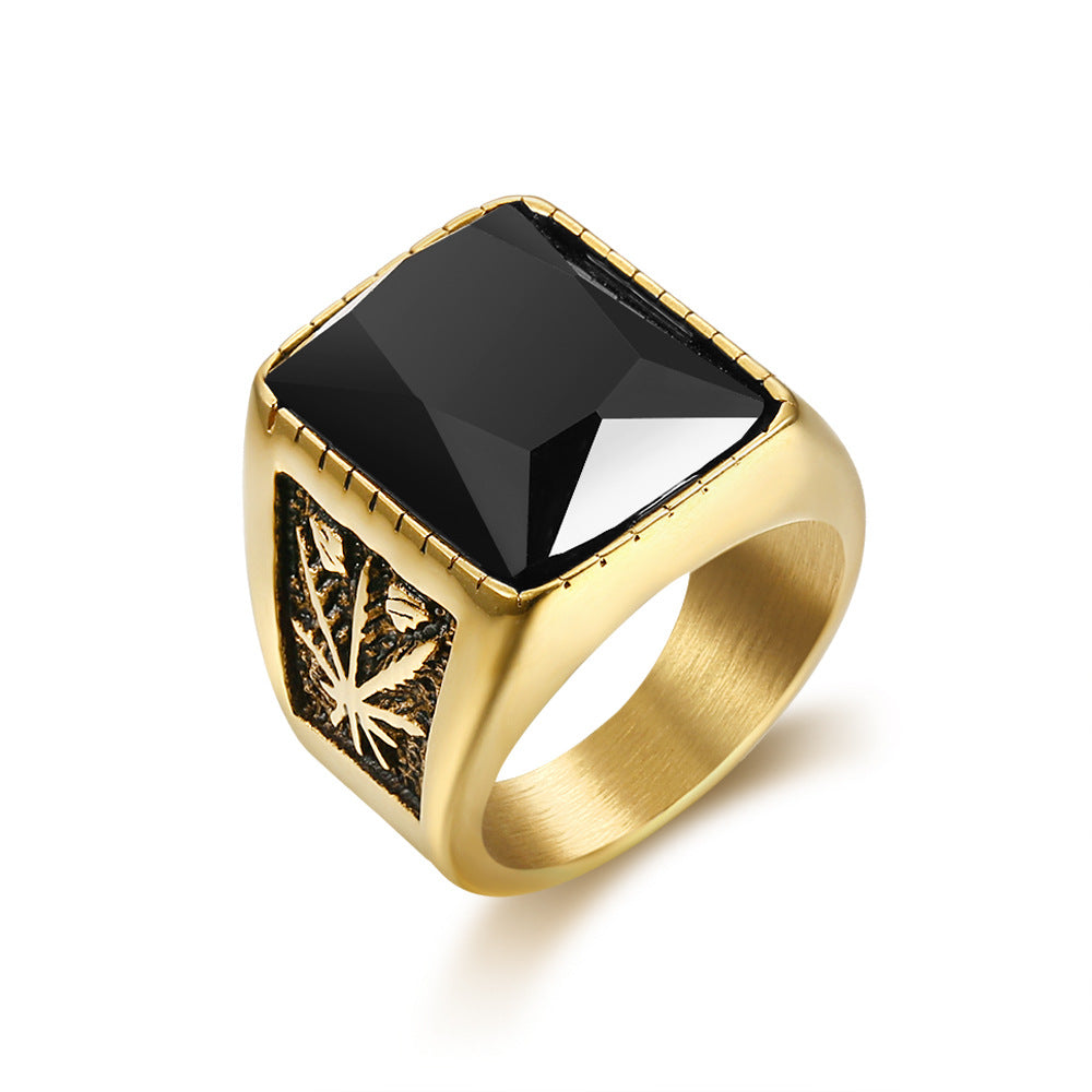 Maple Leaf Black Ruby Stainless Steel Ring For Men - 0 - Bijou Her -  -  - 