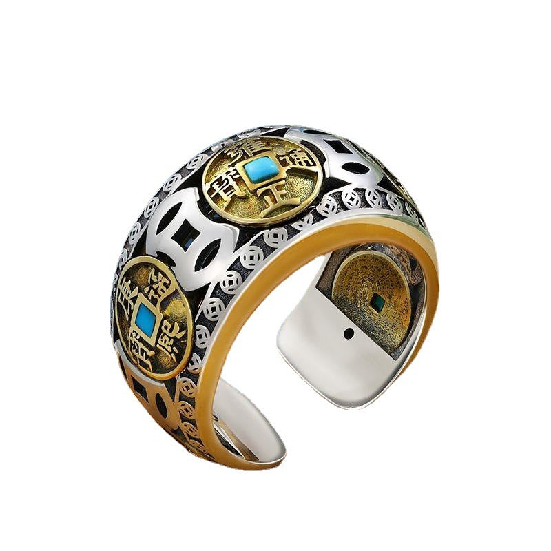 Rotatable Natural Turquoise Five Emperors Money Ring - 0 - Bijou Her - style -  - 