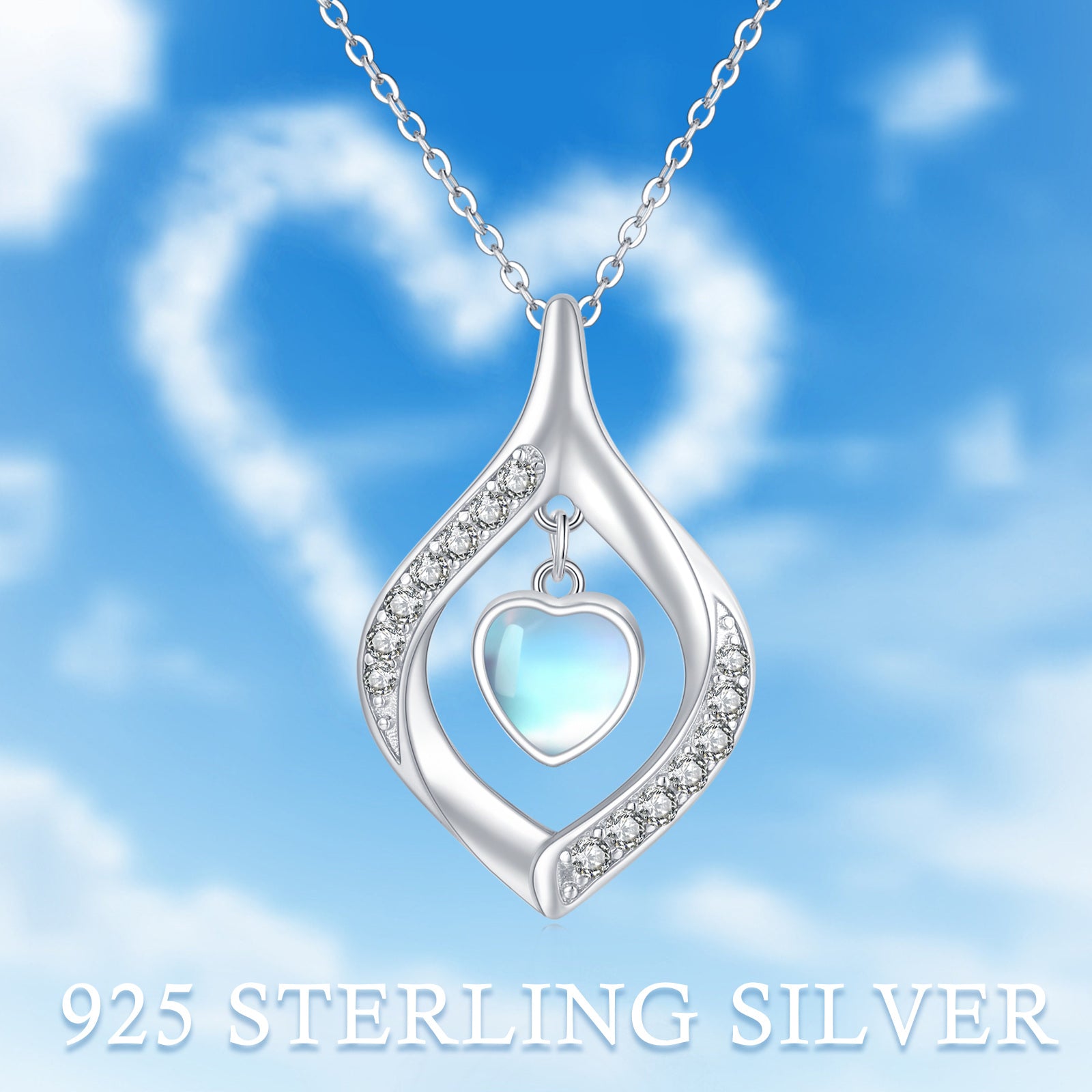 Love Heart Moonstone Pendant Necklace with Cubic Zircon in 925 Sterling Silver - 5 - Bijou Her -  -  - 