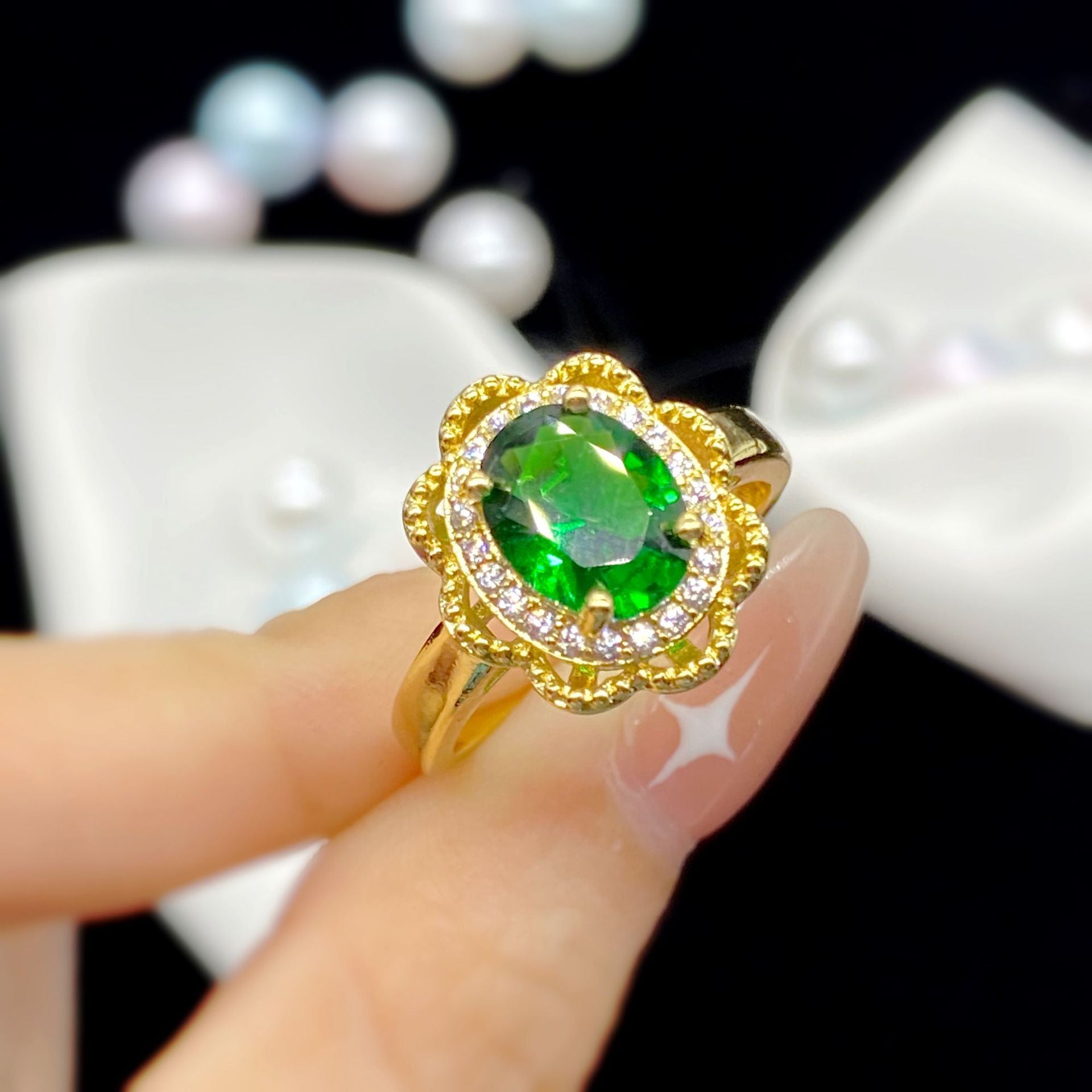 Hollowed Out Flower Shape Simulation Emerald Tourmaline Color Treasure Ring Female Yellow Gold - 0 - Bijou Her -  -  - 