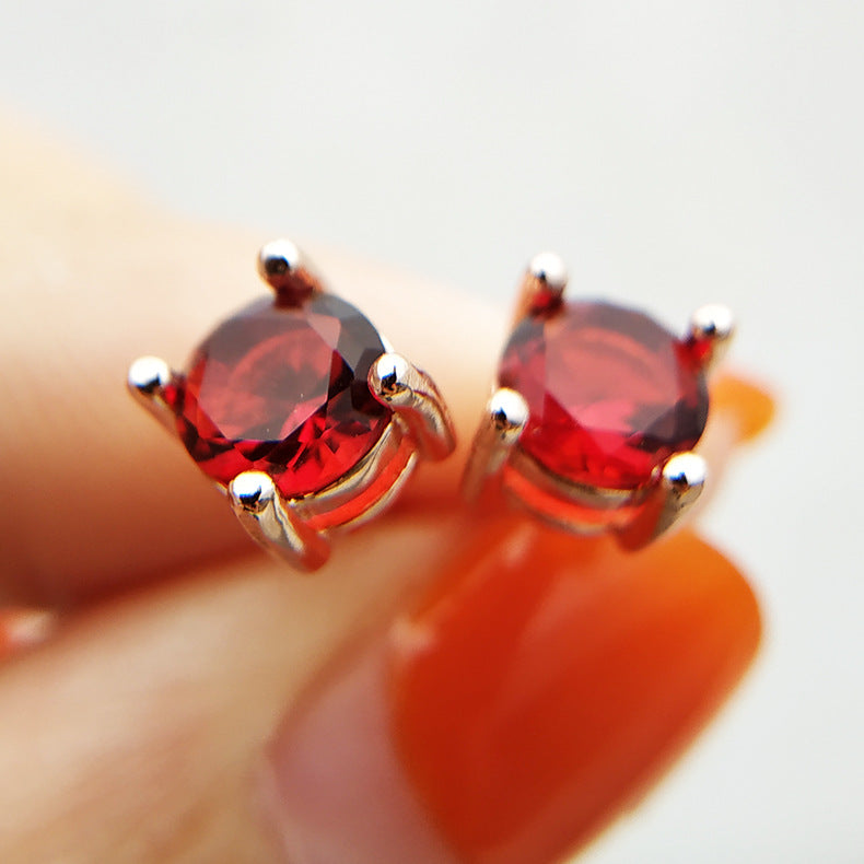 Simple Literary Red Crystal Gemstone Four Claws Set Diamond Earrings - 0 - Bijou Her -  -  - 