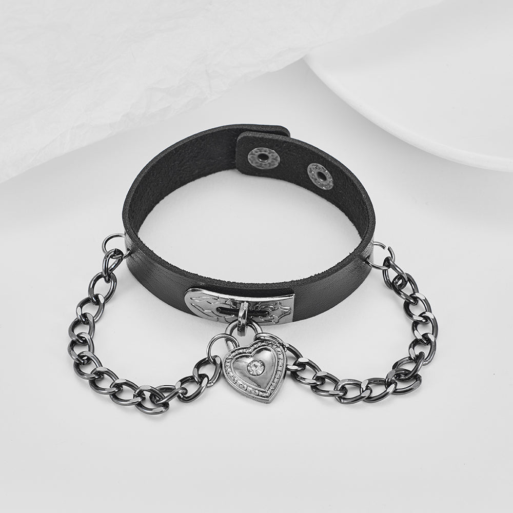 Gothic Heart-Shape Lock Link Leather Metal Snap Button Bracelet - 4 - Bijou Her -  -  - 