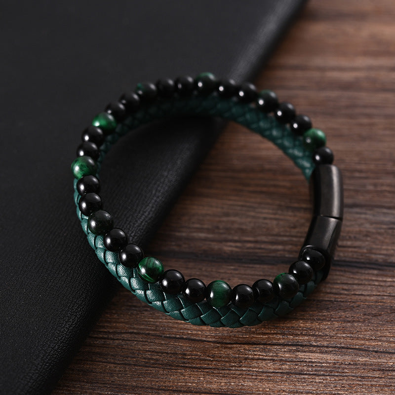 Men's Personality Stainless Steel Leather Bracelet Green Beads Braided Bracelet - 0 - Bijou Her -  -  - 