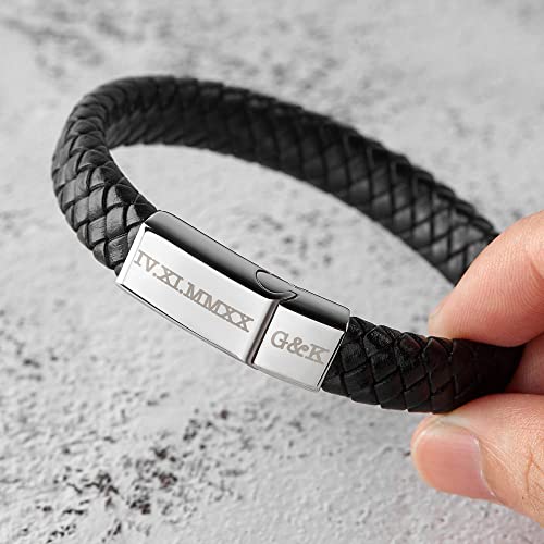 Personalized Roman Numeral Leather Bracelet for Men - Engraved Anniversary Gift with Custom Date and Initials - Bracelets - Bijou Her -  -  - 