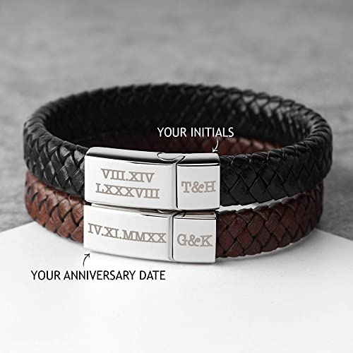 Personalized Roman Numeral Leather Bracelet for Men - Engraved Anniversary Gift with Custom Date and Initials - Bracelets - Bijou Her -  -  - 