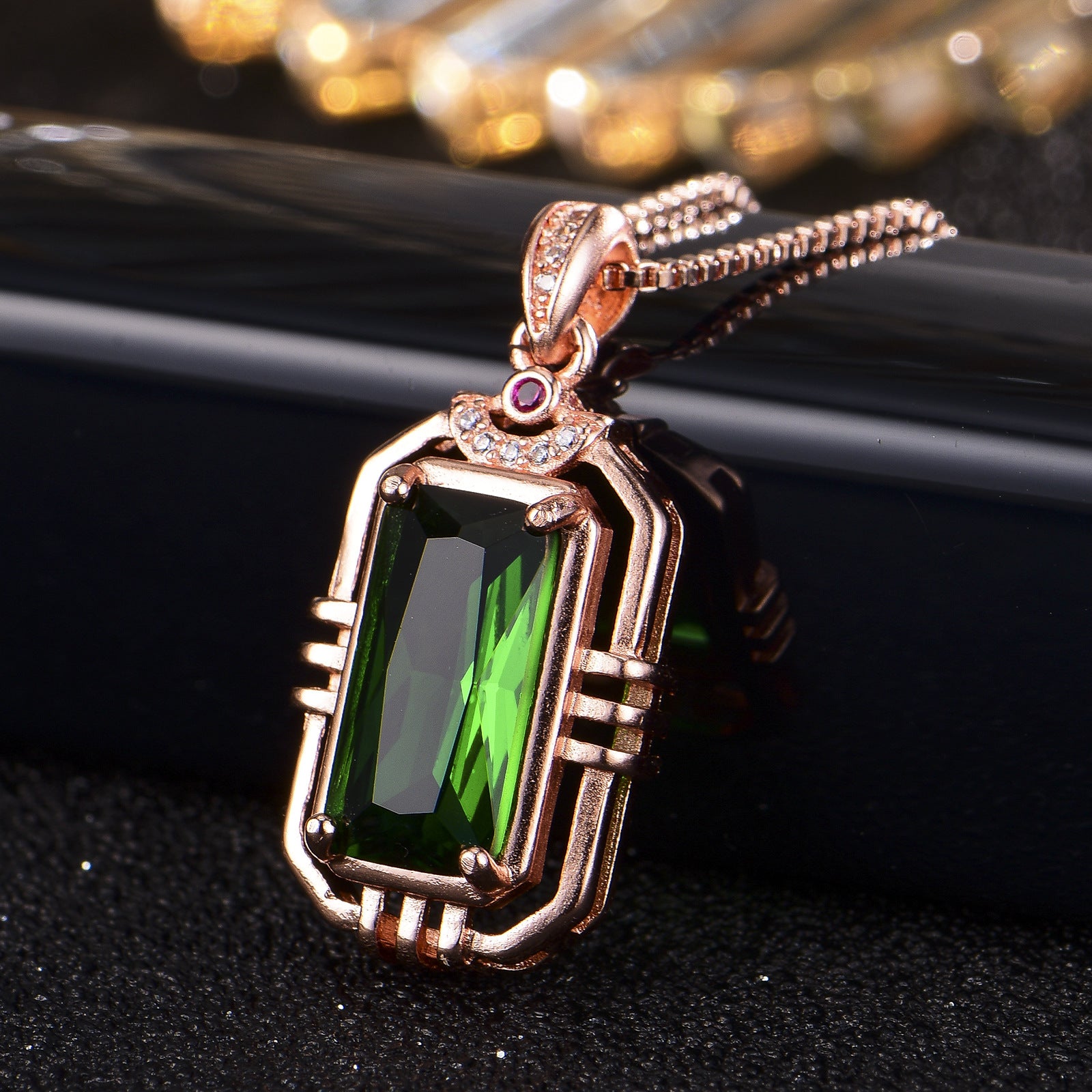 Rectangular Simulation Emerald 18K Rose Gold Color Treasure Pendant Necklace For Women - 0 - Bijou Her -  -  - 