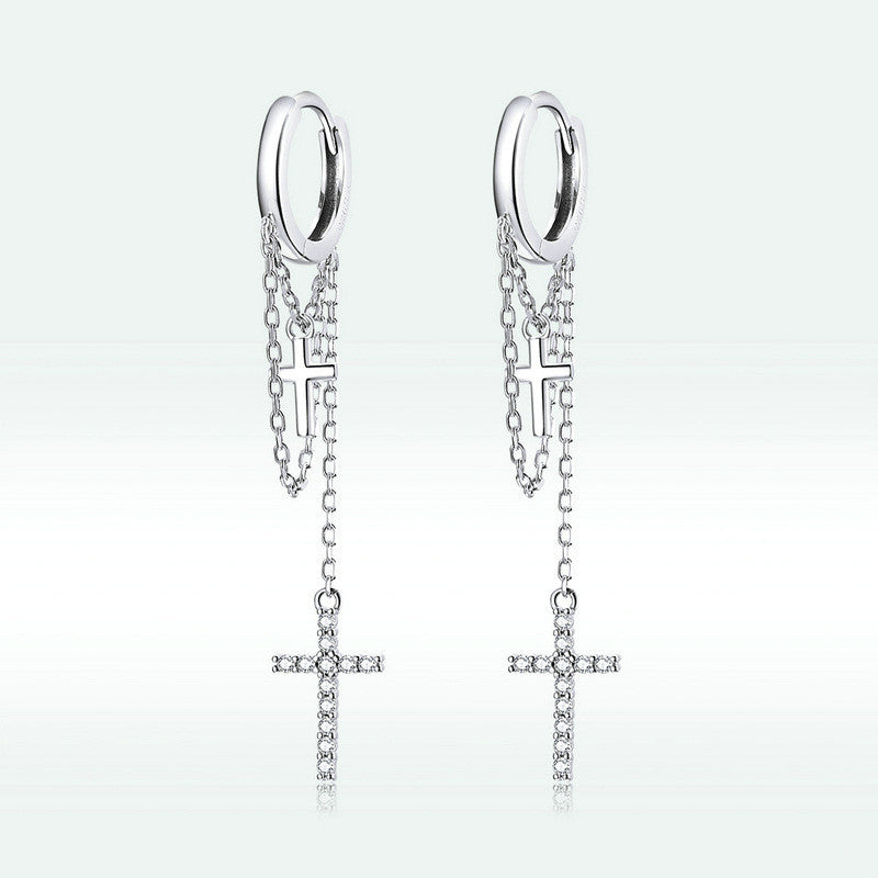 Long Tassel Glittering Cross Earrings - 0 - Bijou Her -  -  - 