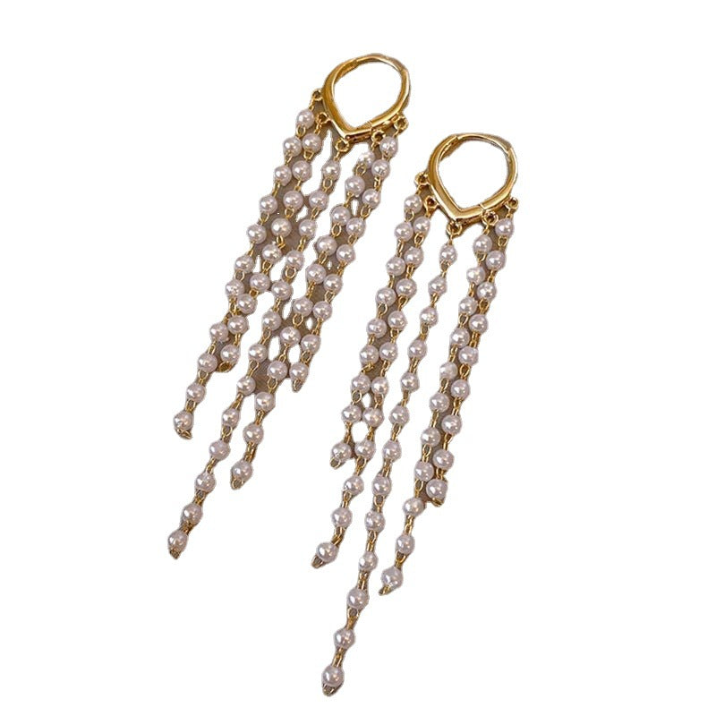 Pearl Long Tassel Earrings With Simple Design - 0 - Bijou Her - Color -  - 