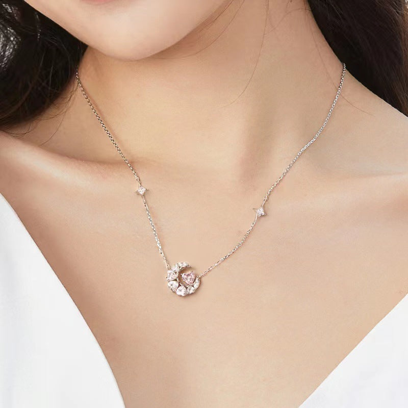 Simple And Versatile Love Pink Diamond Star And Moon Clavicle Chain Accessories - 0 - Bijou Her -  -  - 