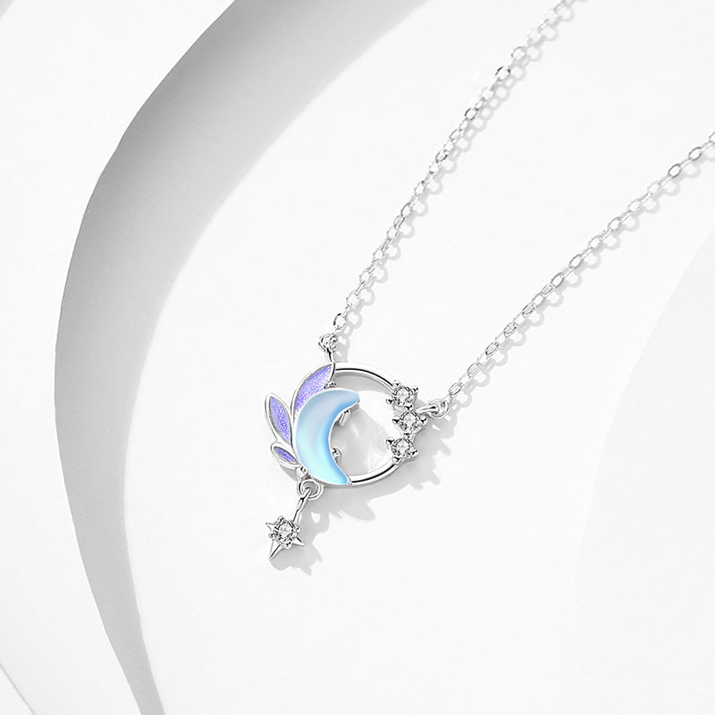 Moon Star Necklace Sterling Silver Small Artistic Cold Enamel Friend Gift - 0 - Bijou Her -  -  - 