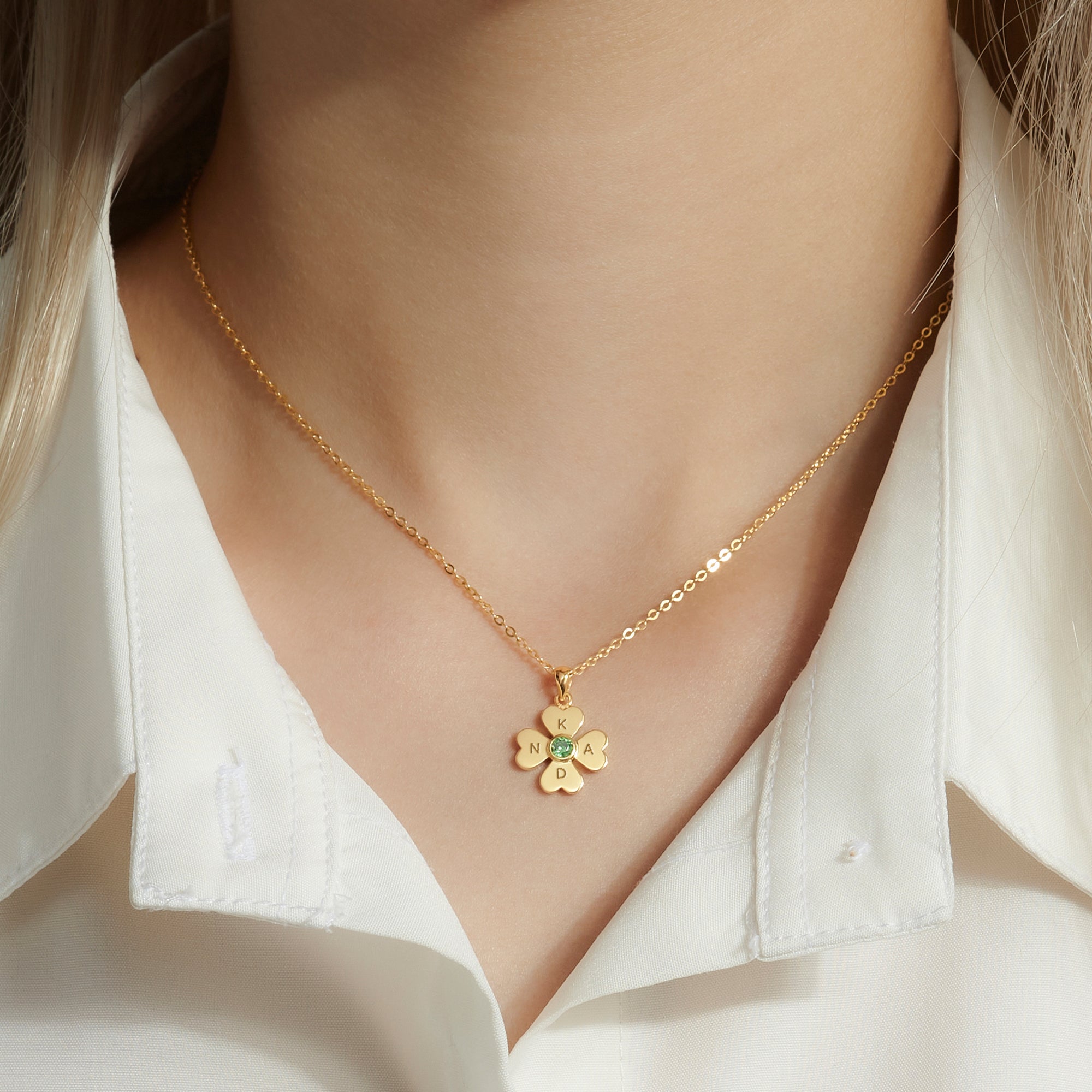 Personalized Four Leaf Clover Necklace with Kids' Initials and Mom Birthstone - 925 Sterling Silver and 18K Gold Plated Pendant for Mother's Day Gift - Necklaces - Bijou Her -  -  - 