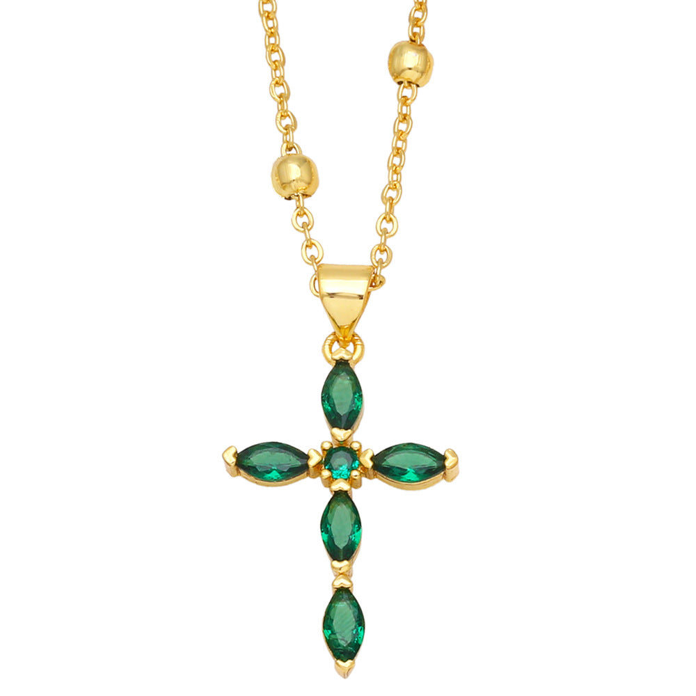 Women's Fashion Green Diamond Love Cross Necklace - 0 - Bijou Her - Color -  - 