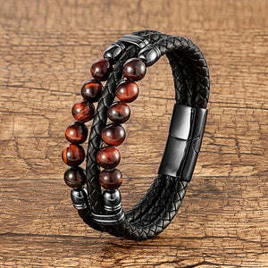 Men's Leather Rope Beaded Bracelet Fashion Three Layers - 0 - Bijou Her -  -  - 