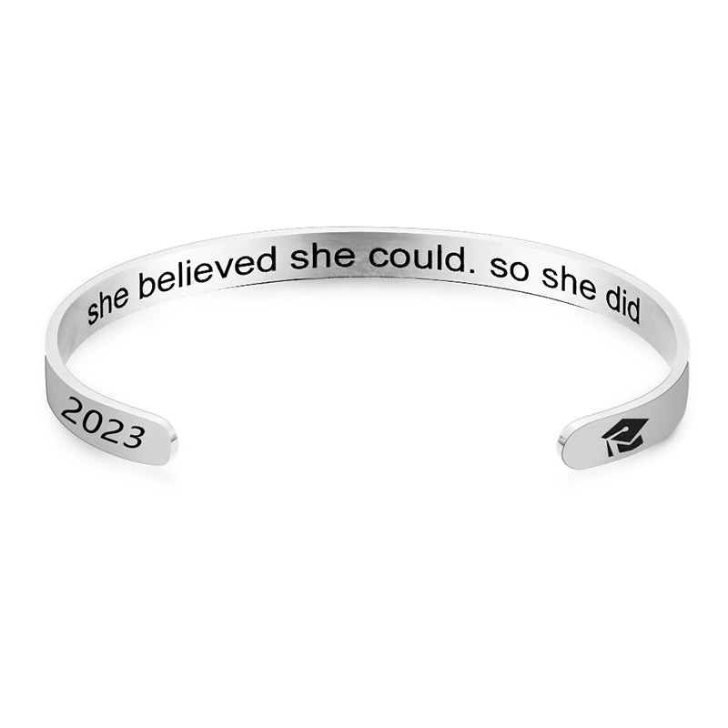 She Believe She Could Cuff Bracelet Silver Stainless Steel 2023 Graduate Cap Bangles For Women Graduation Jewelry Gifts - 4 - Bijou Her - Color -  - 
