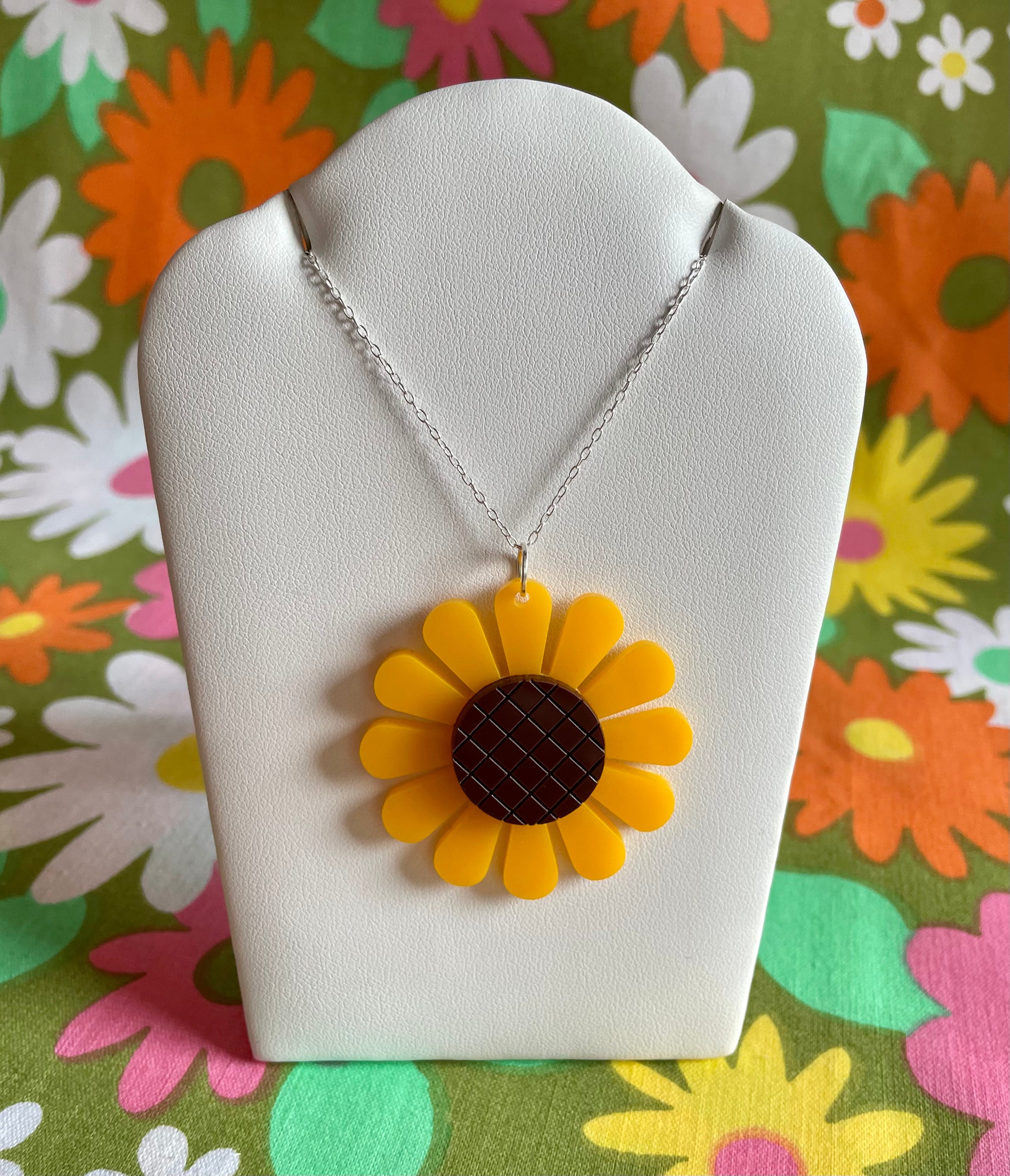 Sterling Silver Sunflower Necklace - Laser Cut Acrylic Pendant & Matching Earrings Available - Jewelry & Watches - Bijou Her -  -  - 