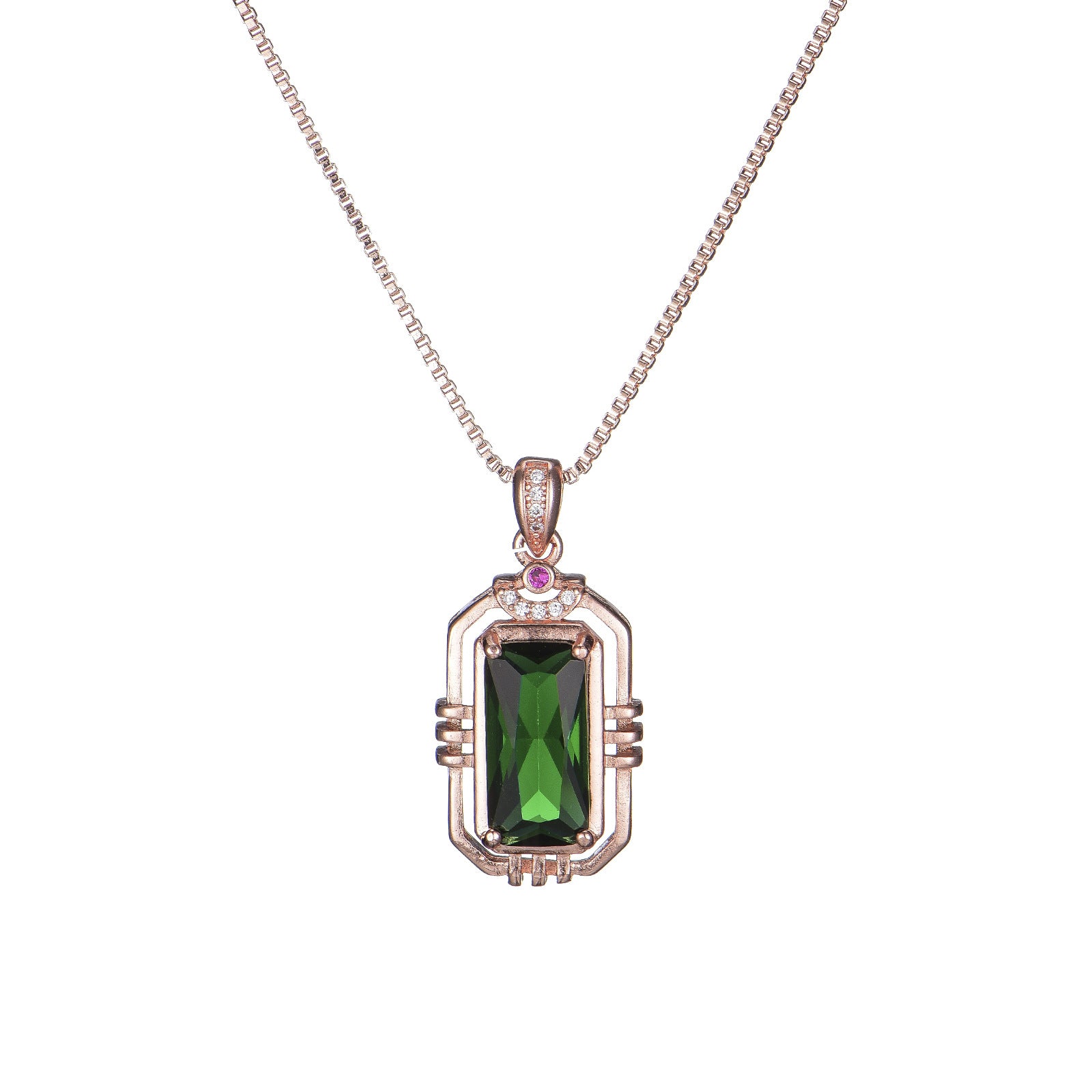 Rectangular Simulation Emerald 18K Rose Gold Color Treasure Pendant Necklace For Women - 0 - Bijou Her -  -  - 