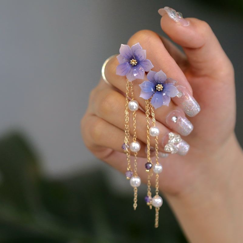 Women's Purple Floral Pearl Tassel Earrings - 0 - Bijou Her -  -  - 