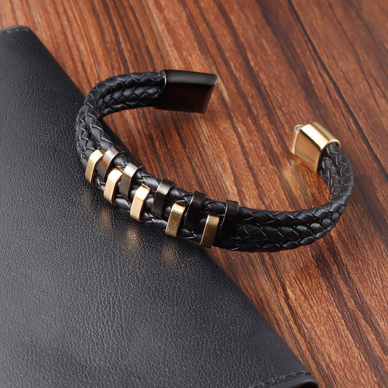 Stainless Steel Leather Woven Bracelet - 0 - Bijou Her -  -  - 