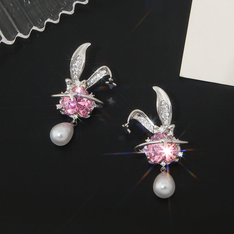 Micro Inlaid Powder Zirconium Rabbit Earrings Women's Light Luxury - 0 - Bijou Her - Color -  - 