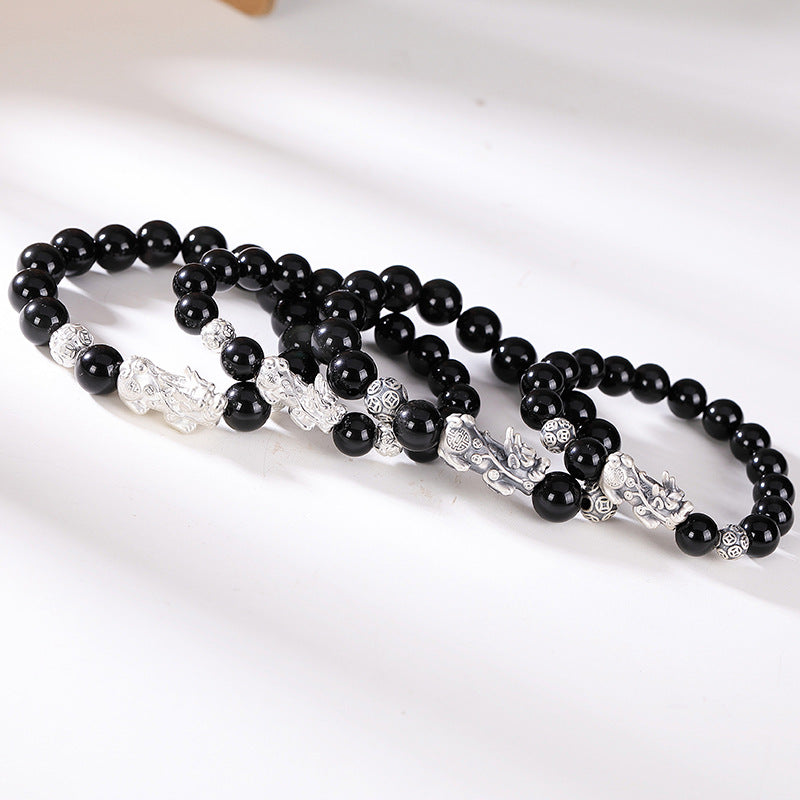 S925 Sterling Silver Obsidian Pixiu Bracelet Plain Silver Versatile Personality - 0 - Bijou Her -  -  - 