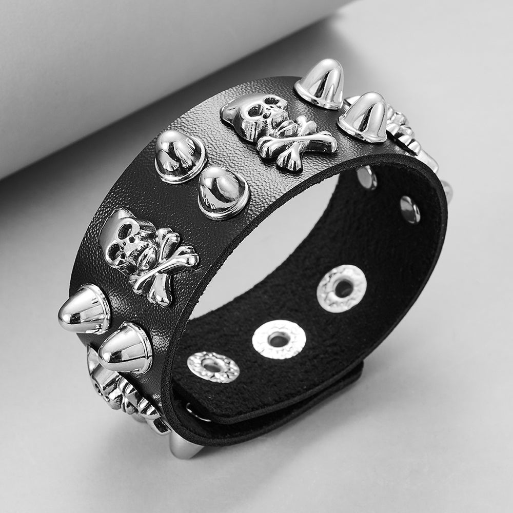 Round Rivet Gothic Bracelet Hip Hop Dark Skull Head Leather Bracelet - 4 - Bijou Her -  -  - 