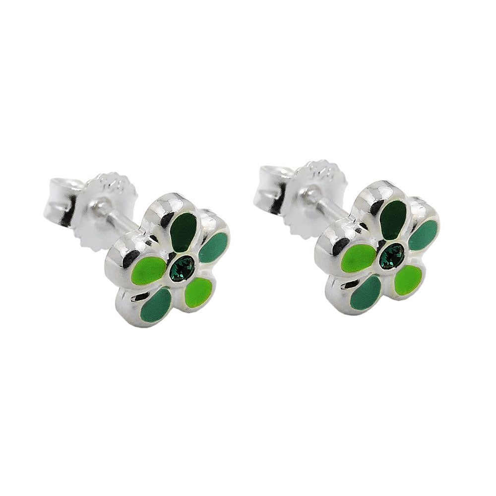 Green Flower Silver 925 Stud Earrings - 6.5mm Size, 0.71g Weight, Sterling Silver Alloy - Jewelry & Watches - Bijou Her -  -  - 