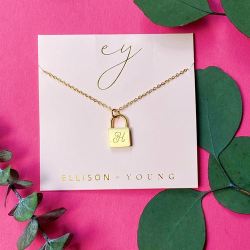 Scripted Initial Necklace with Lock Pendant - Brushed Finish, Blush Color Card Packaging
Keywords: initial necklace, lock pendant, scripted font, brushed finish, blush color, packaging. - Necklaces - Bijou Her - Initial -  - 