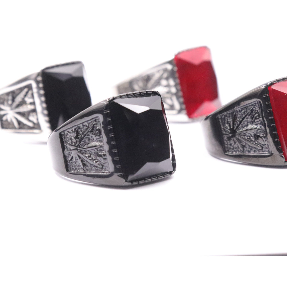 Maple Leaf Black Ruby Stainless Steel Ring For Men - 0 - Bijou Her -  -  - 
