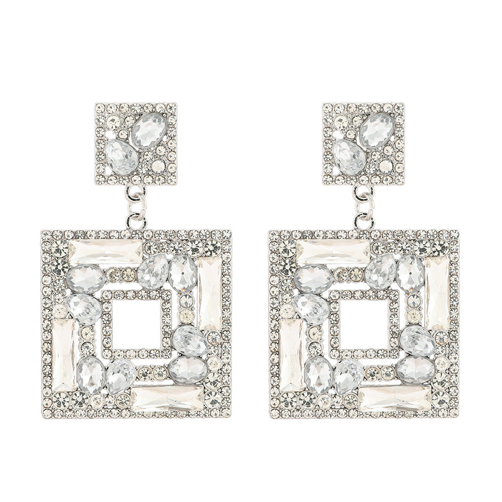 Large Plate Square Rhinestone-encrusted Stud Earrings Trendy Fashion Ornament - 0 - Bijou Her - Color -  - 