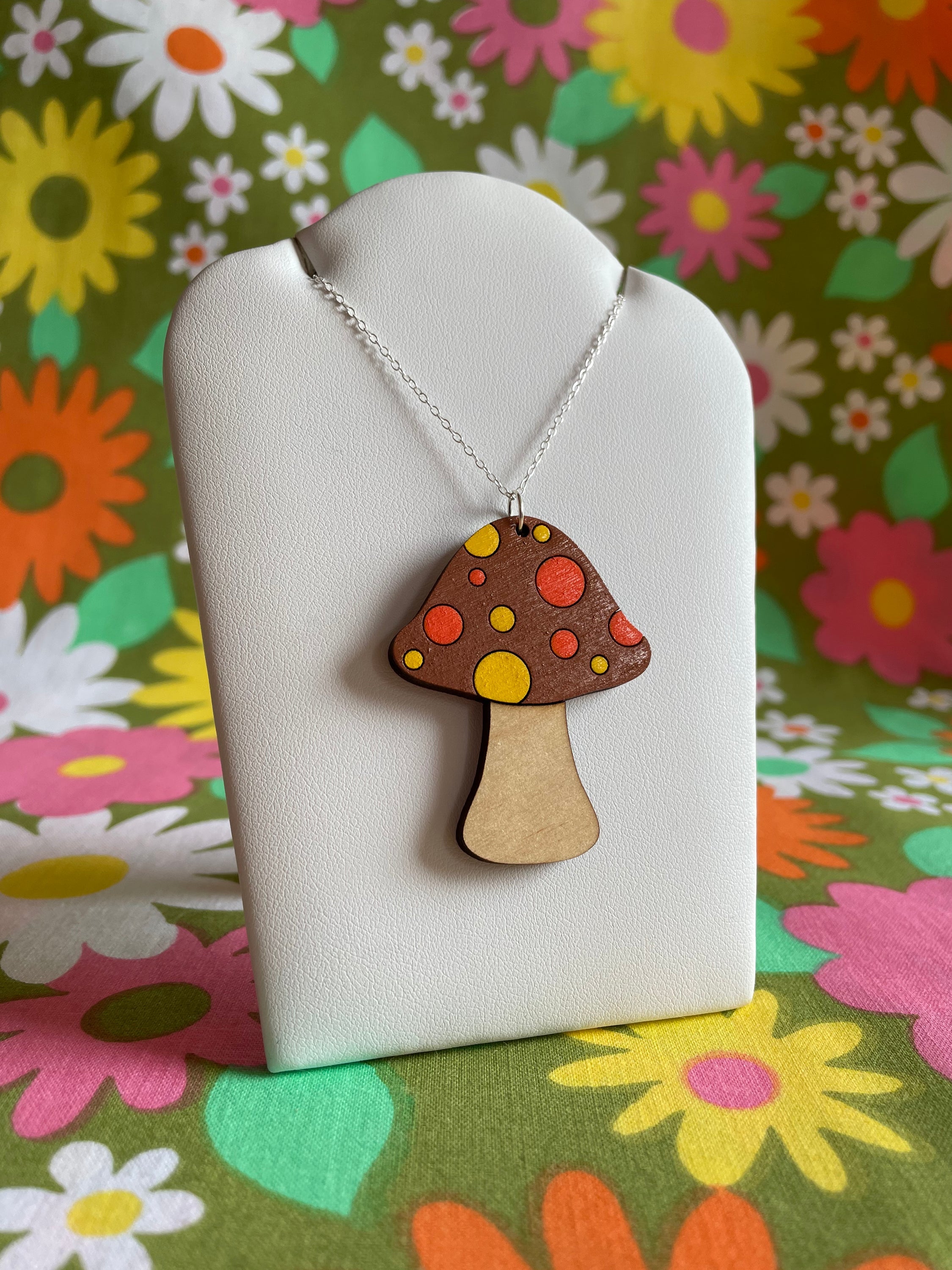 Wooden Mushroom Necklace with Spots: Sustainable Birch Plywood, Multiple Chain Lengths Available - Jewelry & Watches - Bijou Her -  -  - 