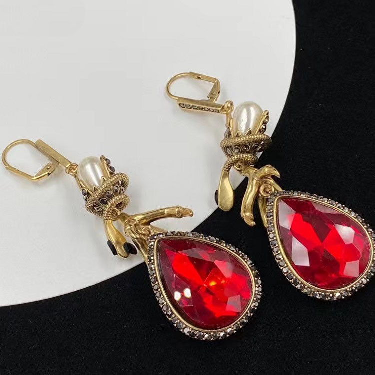 Women's Pearl Rhinestone With Ruby Earrings - 0 - Bijou Her -  -  - 