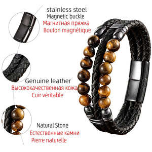 Men's Leather Rope Beaded Bracelet Fashion Three Layers - 0 - Bijou Her -  -  - 