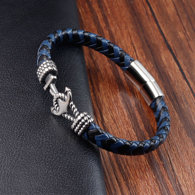 Mens Titanium Steel Bracelet Leather Braided Anchor - 0 - Bijou Her -  -  - 