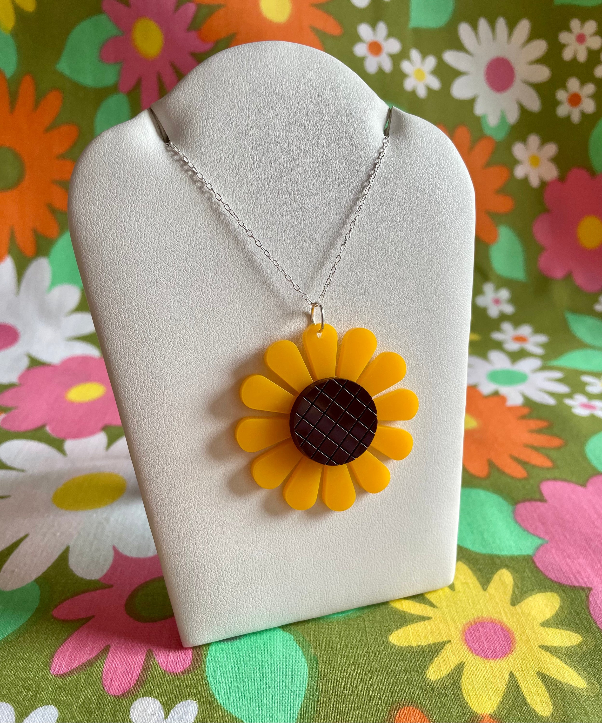 Sterling Silver Sunflower Necklace - Laser Cut Acrylic Pendant & Matching Earrings Available - Jewelry & Watches - Bijou Her -  -  - 