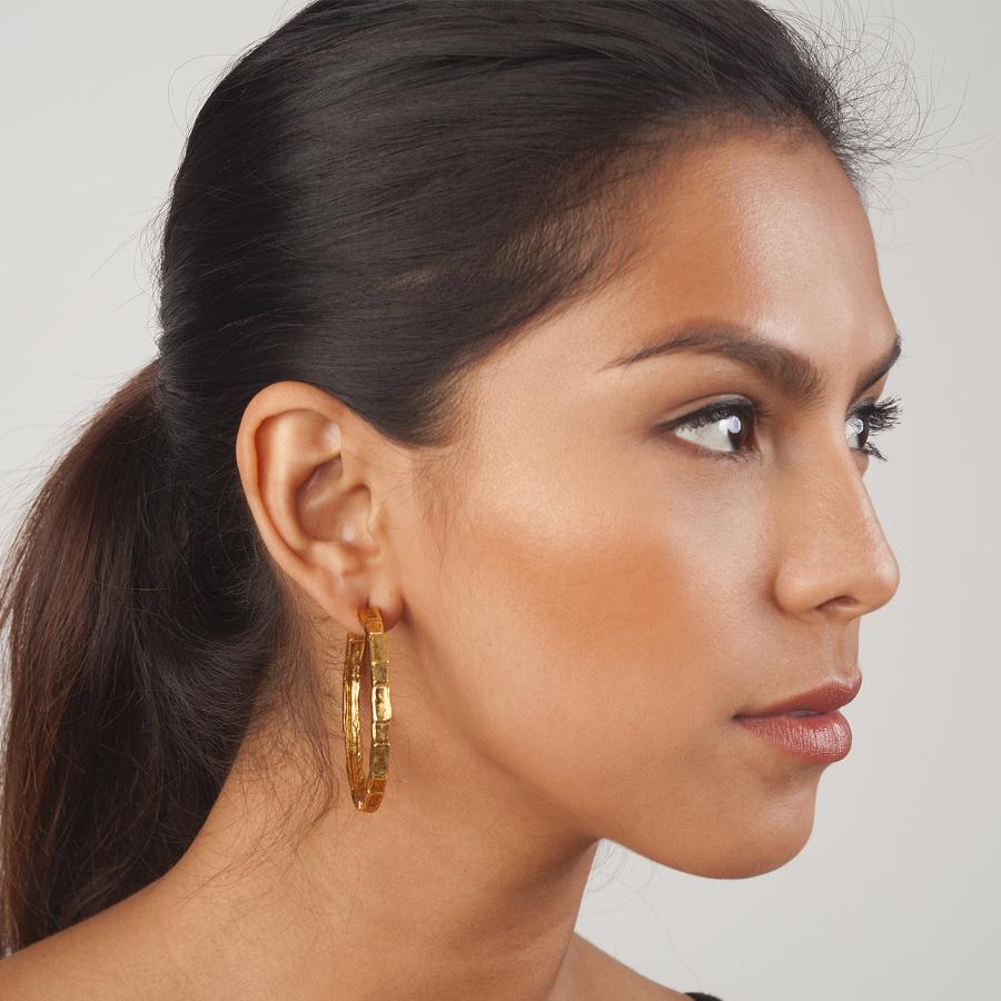 Large Textured Half Hoop Earrings with Asian Flair - Gold or Silver Plated, 2 Diameter, Hypoallergenic" - Earrings - Bijou Her -  -  - 