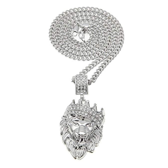 Lion Crown Pendant Necklace in 18K White Gold Plated - Hypoallergenic, Comfort Fit, Made in Italy - Jewelry & Watches - Bijou Her -  -  - 