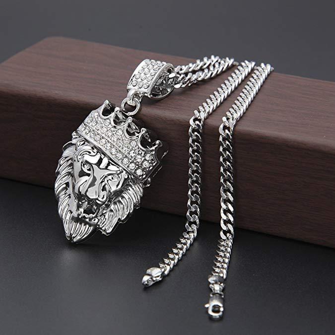 Lion Crown Pendant Necklace in 18K White Gold Plated - Hypoallergenic, Comfort Fit, Made in Italy - Jewelry & Watches - Bijou Her -  -  - 