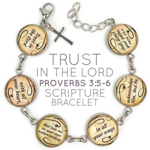 Trust in the Lord Scripture Charm Bracelet - Proverbs 3:5-6, Glass Charms, Stainless Steel - Bracelets - Bijou Her - Dangling Charm -  - 